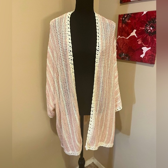 POL Pink and White Striped Lightweight Open Knit Sweater, Large - Picture 1 of 7